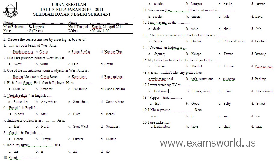Contoh Soal Ujian Sekolah Bahasa Inggris SD kelas 6 – Bank Soal Ujian
