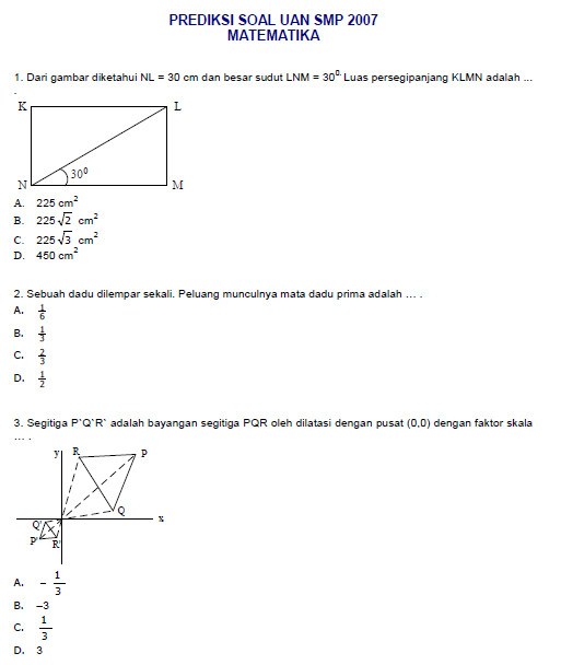  Soal  Prediksi Ujian  Nasional  Matematika  SMP  2007 