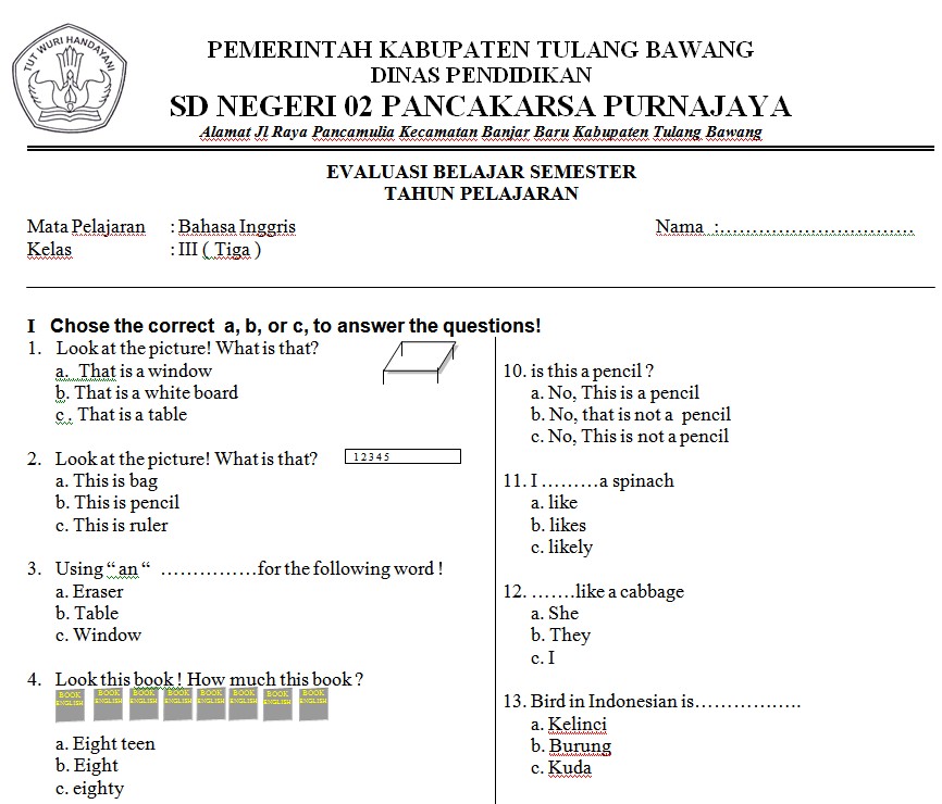 Contoh Soal Bahasa Inggris kelas 3 SD – Bank Soal Ujian