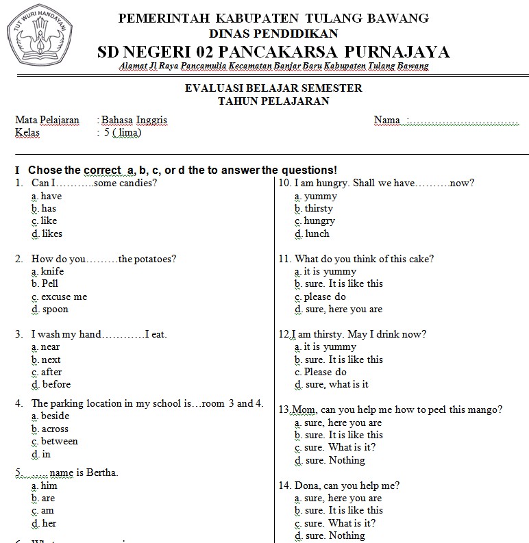 Contoh Soal Isian Bahasa Inggris SD Kelas 5 Bank Soal Ujian