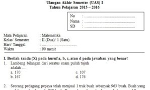 Soal UAS SD Kelas 2 Semester 2 Matematika