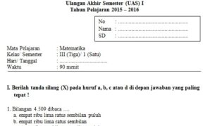 Soal UAS SD Kelas 3 Semester 1 Matematika