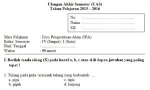 Soal UAS SD Kelas 4 Semester 1 IPA