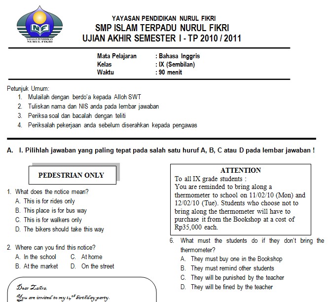 Paket Soal UAS SMP Kelas 9 Semester 1 Lengkap - SoalUjian.Net